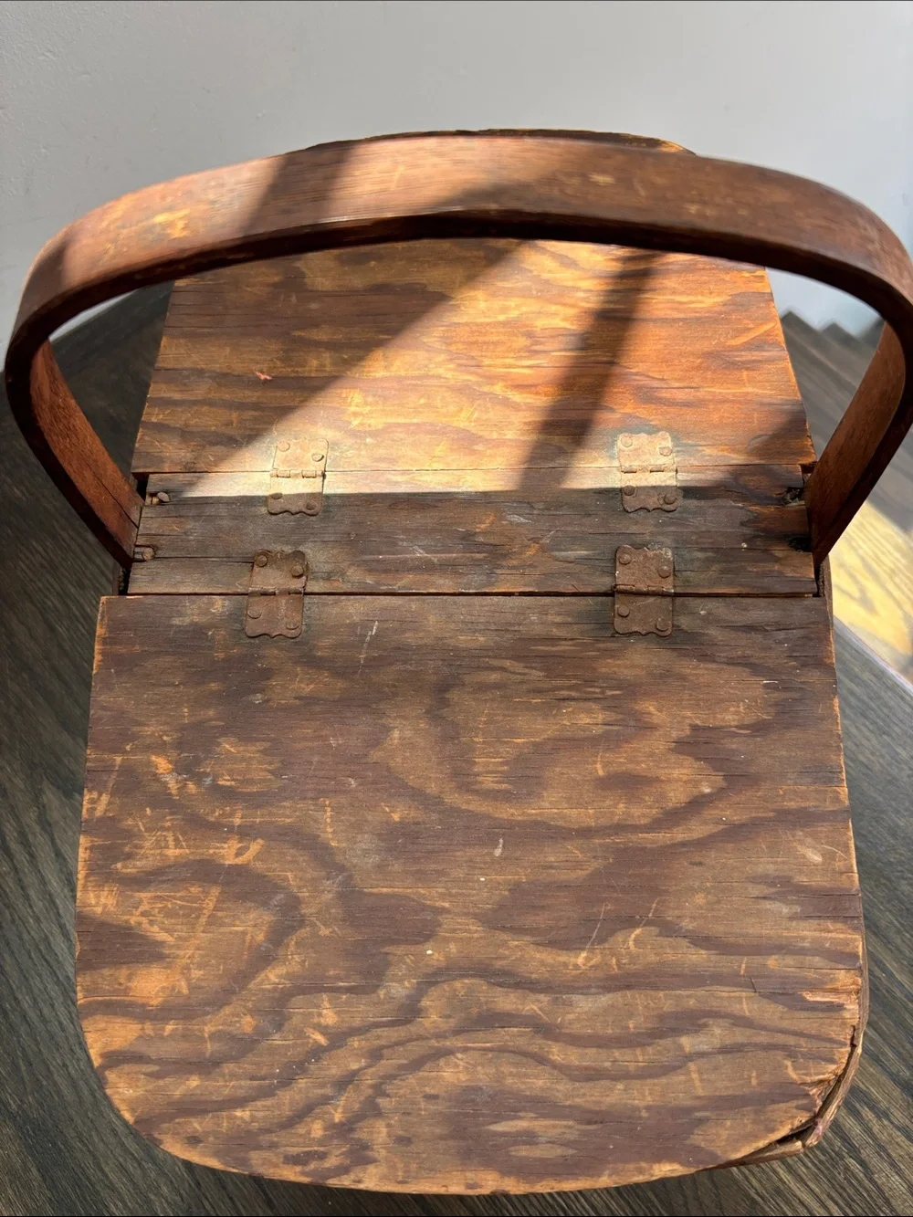 Vintage double lidded picnic basket, one handle,hinges, rustic, wood, 16x9.5x12”